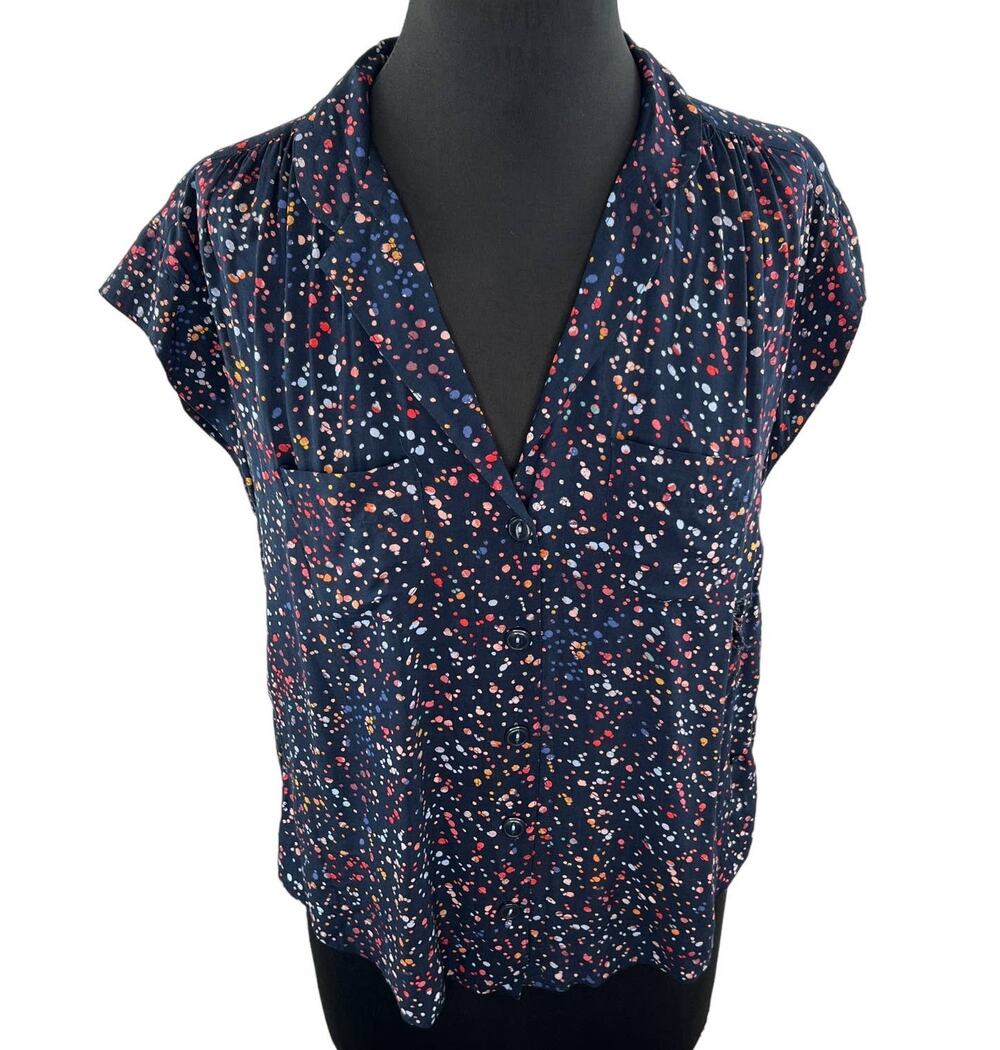 Anthropologie MAEVE Navy Confetti Print Cap Sleeve V-Neck Button-Down Size S